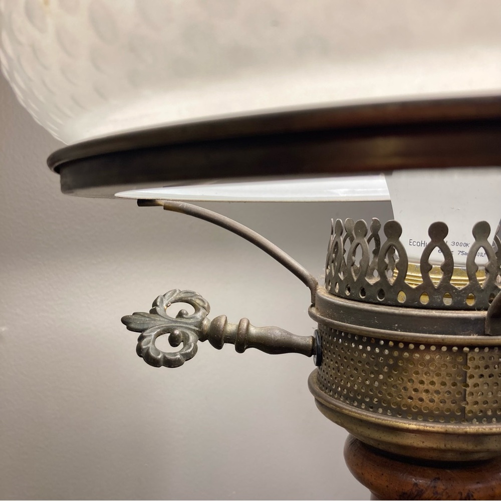 Vintage Brass Tone & Wood Table Lamp with White Hobnail Glass Shade - Picture 11 of 16